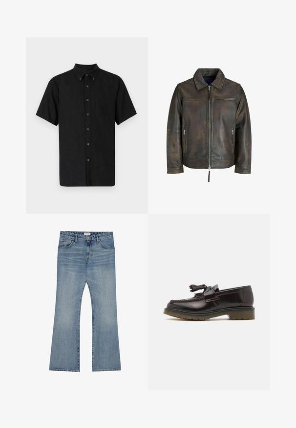 Bruine leren jas met een ritssluiting aan de voorkant, platte kraag en twee ritszakken. Kenmerkt zich door een licht verweerde textuur en een getailleerde pasvorm.; Zwarte short-sleeve shirt met een button-down kraag, gemaakt van gestructureerde stof, met zwarte knopen die langs de voorkant lopen.; Lichtblauwe spijkerbroek met een flared leg-ontwerp, met een klassieke vijf-pocketstijl en een knoopsluiting op de taille.; Bruine leren instappers met een geweven ontwerp, een kwastje en een platte rubberen zool. Beschikt over een gladde afwerking en contrasterende stiksels.