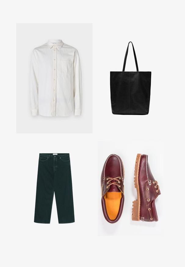 Braune Lederjacke mit einem Reißverschluss vorne, flachem Kragen und zwei Reißverschlusstaschen. Verfügt über eine leicht beschädigte Textur und eine taillierte Passform.; Langärmliges, weißes Hemd aus strukturiertem Stoff mit Button-Down-Kragen, Brusttasche und Knopfverschlüssen entlang der Knopfleiste und der Manschetten.; Dunkelgrüne weit geschnittene Jeans aus Denim mit Knopf- und Reißverschluss, Fronttaschen und Gürtelschlaufen, flach auf einem weißen Hintergrund ausgelegt.; Bordeauxfarbene Lederschuhe mit braunen Gummisohlen, runder Zehenform, weißen Nähten und goldenen Ösen. Das Innenfutter weist eine gelbe Beschichtung auf.; Schwarze Leder-Tragetasche mit langen, flachen Griffen. Einfaches Design, rechteckige Form, glatte Textur und keine sichtbaren Beschläge oder Verzierungen.