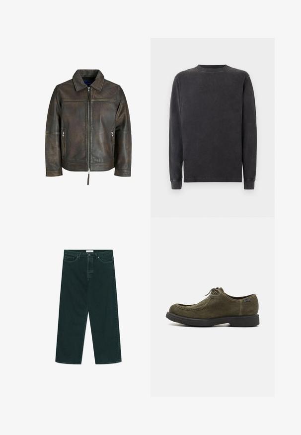 Jachetă din piele maro cu fermoar în față, guler plat și două buzunare cu fermoar. Caracteristici include o textură ușor uzată și un croi ajustat.; Pulover cu mânecă lungă și decolteu rotund, în gri închis, realizat dintr-un amestec moale de bumbac. Are manșete și decolteu cu nervuri, cu un finisaj neted, ușor texturat.; Blugi din denim largi, de culoare verde închis, cu închidere cu nasture și fermoar, buzunare frontale și suporturi pentru curea, așezați pe un fundal alb.; Pantofi din suede verde închis, cu o textură netedă, având vârful rotund, accente cusute și o talpă din cauciuc negru.