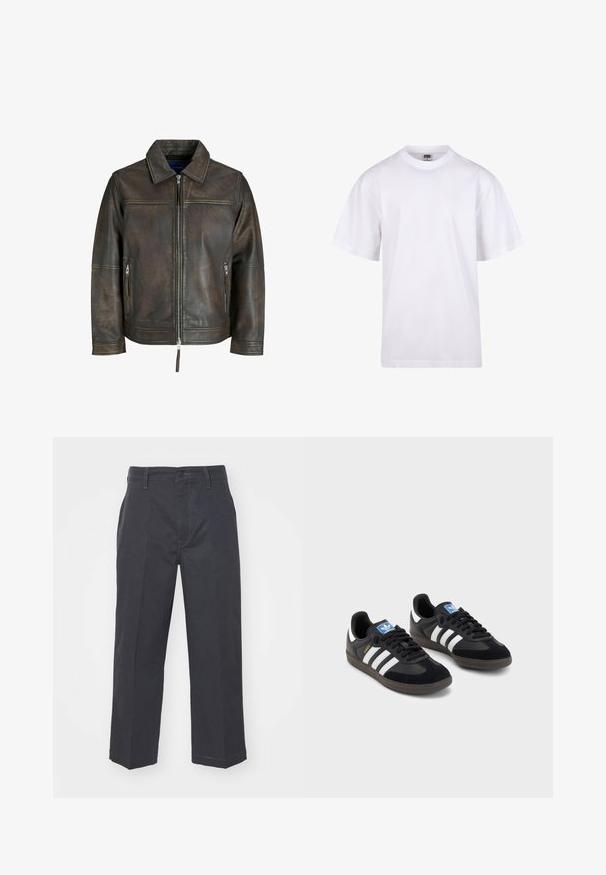 Rjava usnjena jakna z zadrgo spredaj, ravnim ovratnikom in dvema žepoma z zadrgo. Ima rahlo poškodovan teksturiran videz in prilegajoč kroj.; Bela bombažna majica s krojem na vratu, kratkimi rokavi in ohlapnim fitom. Ima enostaven dizajn brez vzorcev ali dodatkov.; Temno sivi hlače iz bombaža, s ravnim krojem, zapiranjem na gumb ter stranskimi žepi s kontrastnimi šivi.; Črne športne copate z zgornjim delom iz semiša in sintetičnih materialov, ki imajo tri bele črte, teksturiran gumijast podplat in modro označevalno oznako na jeziku.