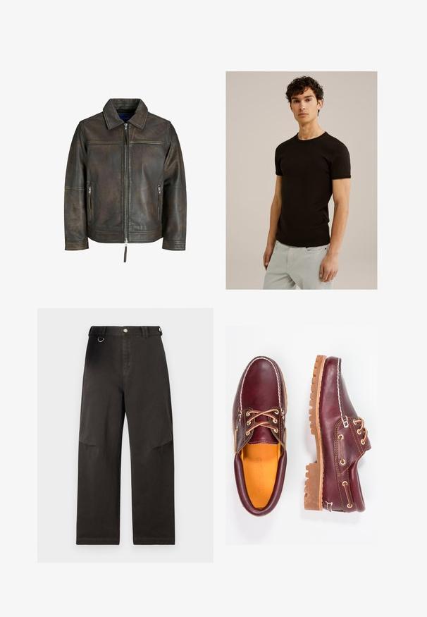 Pruun nahkjope, millel on lukuga esiosa, lame krae ja kaks lukuga taskut. Omab veidi kulunud tekstuuri ja kohandatud lõiget.; Must have lühikeste varrukatega must t-särk ümmarguse kaelusega, valmistatud sujuvast ja venivast kangast. Sobivus on kitsas, mõeldud keha lähedale istuma.; Musta laiadegade pant, mis on valmistatud tugevast kangast, esiflukuga ja küljetaskutega. Vöökoht sisaldab metallist rõngakujulist detaili.; Burgundia nahkkingad pruunide kummitaldadega, ümmarguse varbaga, valge tikandi ja kuldsete silmadega. Siseosa on kollase voodriga.