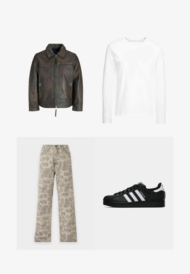 Jachetă din piele maro cu fermoar în față, guler plat și două buzunare cu fermoar. Caracteristici include o textură ușor uzată și un croi ajustat.; Tricou alb cu mânecă lungă, fabricat din bumbac moale. Gât rotund, cu margini drepte și fără modele sau grafice vizibile.; Carhartt WIP LANDON PANT - Blugi drepți - grey/black; Tenisii Adidas Superstar negri cu dungi albe, vârf din plastic, și textul "Superstar" pe lateral, prezentati în profil lateral pe fundal alb.