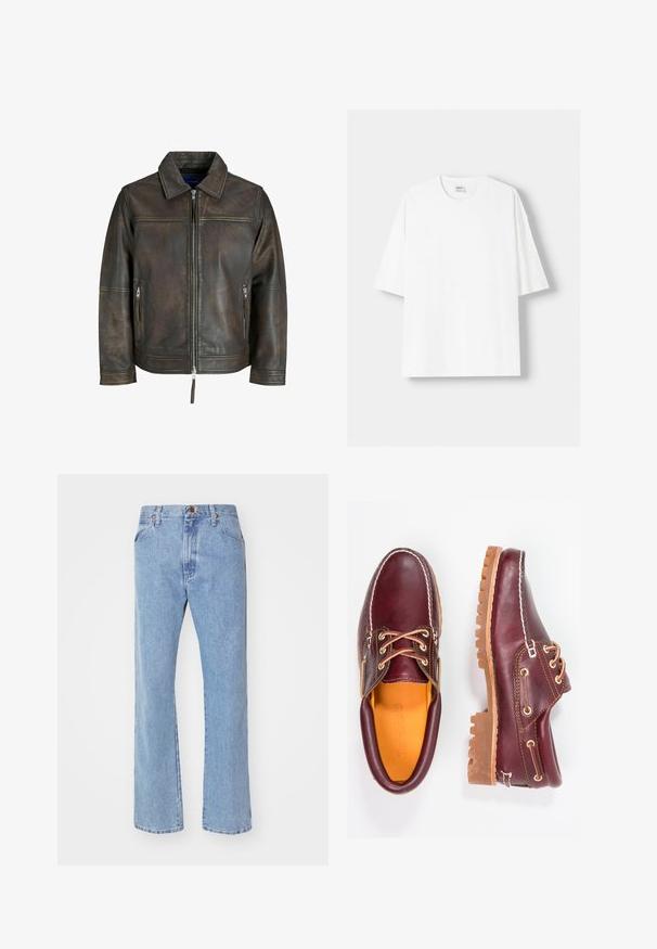 Rjava usnjena jakna z zadrgo spredaj, ravnim ovratnikom in dvema žepoma z zadrgo. Ima rahlo poškodovan teksturiran videz in prilegajoč kroj.; Bela kratka majica s kratkimi rokavi iz bombaža, s krožnim izrezom in sproščenim krojem. Gladka tekstura, brez vidnih vzorcev ali poudarkov.; Svijetloplave traperice s visokim strukom, ravnog kroja i prednjim džepovima. Imaju mjedićasti hardver i suptilno izgužvanje.; Burgundske usnjene čevlje z rjavimi gumijastimi podplati, okrogla kapica, beli šivi in zlate luknje za vezalke. Notranjost je obložena s rumeno podlogo.