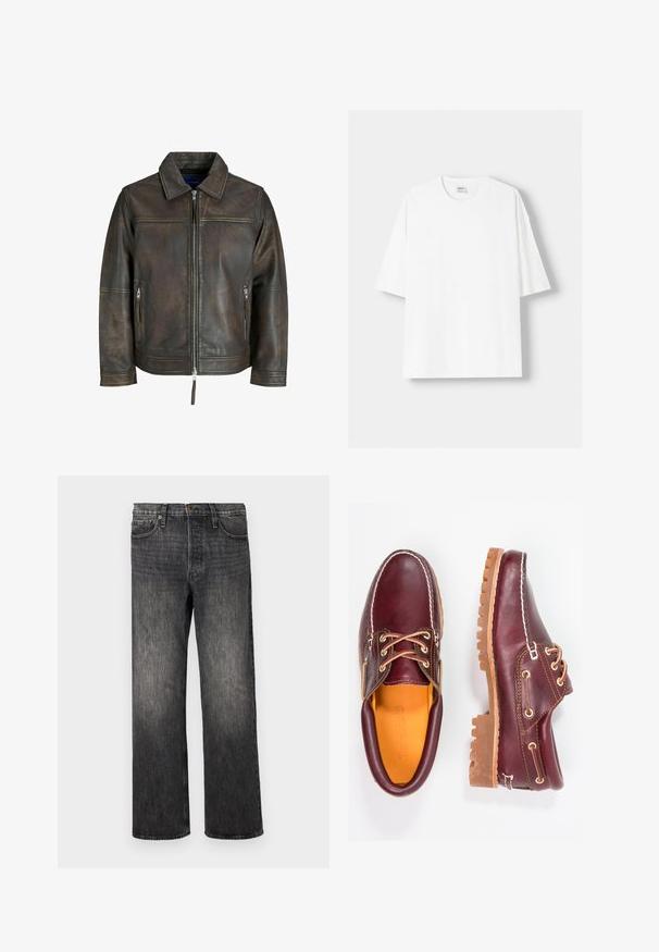 Braune Lederjacke mit einem Reißverschluss vorne, flachem Kragen und zwei Reißverschlusstaschen. Verfügt über eine leicht beschädigte Textur und eine taillierte Passform.; Weißes kurzärmliges T-Shirt aus Baumwolle mit Rundhalsausschnitt und lockerer Passform. Glatte Textur, ohne sichtbare Muster oder Akzente.; Dunkelgraue Jeans aus Denim mit geradem Bein, fünf Taschen, Metallknopfverschluss und dezentem Verblassen. Sauberes Design ohne sichtbare Muster.; Bordeauxfarbene Lederschuhe mit braunen Gummisohlen, runder Zehenform, weißen Nähten und goldenen Ösen. Das Innenfutter weist eine gelbe Beschichtung auf.