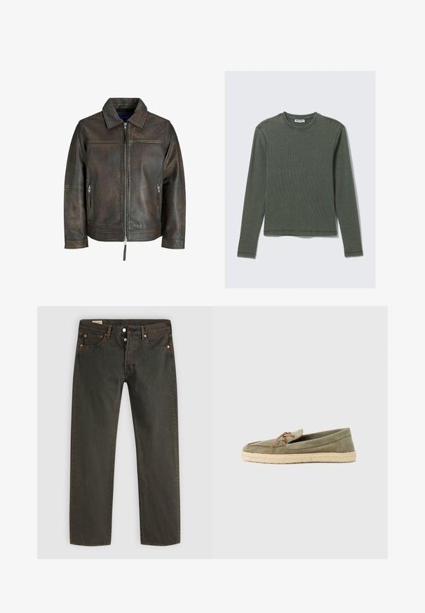 Brązowa skórzana kurtka z zamkiem na przodzie, płaskim kołnierzem i dwiema zamkniętymi kieszeniami. Wyróżnia się lekko postarzaną teksturą i dopasowanym krojem.; Długi rękaw, ribbed top w ciemnozielonym kolorze, z okrągłym dekoltem i prostym dołem. Wykonany z miękkiego materiału, z minimalną ilością szwów i bez widocznych wzorów.; Ciemnozielone dżinsy wykonane z denimu, o prostym kroju nogawki, pięciu kieszeniach, miedzianym wykończeniu oraz subtelnym wzorze prania.; Zielone zamszowe espadryle wsuwane z plecioną jucie, z okrągłym noskiem i brązowym sznurowaniem na cholewce.