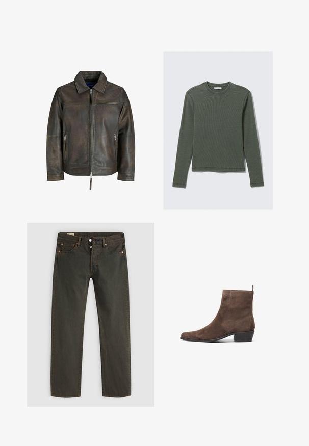 Hnedá kožená bunda so zipsom vpredu, plochým golierom a dvoma zipsovými vreckami. Má mierne opotrebovaný vzhľad a priliehavý strih.; Dlhý rukáv, rebrovaný top v tmavozelenej farbe, s okrúhlym výstrihom a rovnou lemom. Vyrobený z mäkkej tkaniny, s minimálnymi švami a bez viditeľných vzorov.; Tmavo zelené džínsy vyrobené z denimu, s rovnou nohavicou, piatimi vreckami, meďou sfarbeným kovovým doplnkom a decentným umývacím vzorom.; Hnedé semišové členkové topánky s špicatou špičkou, nízkym blokovým podpätkom a slučkou na zadnej strane pre jednoduché obúvanie. Hladký povrch a jednoduchý dizajn.