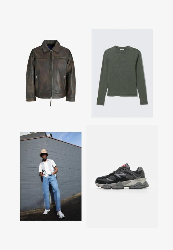 Rjava usnjena jakna z zadrgo spredaj, ravnim ovratnikom in dvema žepoma z zadrgo. Ima rahlo poškodovan teksturiran videz in prilegajoč kroj.; Dolga majica z dolgimi rokavi v temno zeleni barvi, s krojnim izrezom in ravnim robom. Narejena iz mehkega materiala, z minimalnimi šivi in brez vidnih vzorcev.; Kratka bela majica s svetlo sivočrtami, modri jeans in bele superge, postavljeni ob sivo steno pod jasnim modrim nebom.; Črne in sivo športne copate z mešanico semiša in mrežastih materialov, debele podplate, izrazit logotip in rdeč poudarek na ježku.