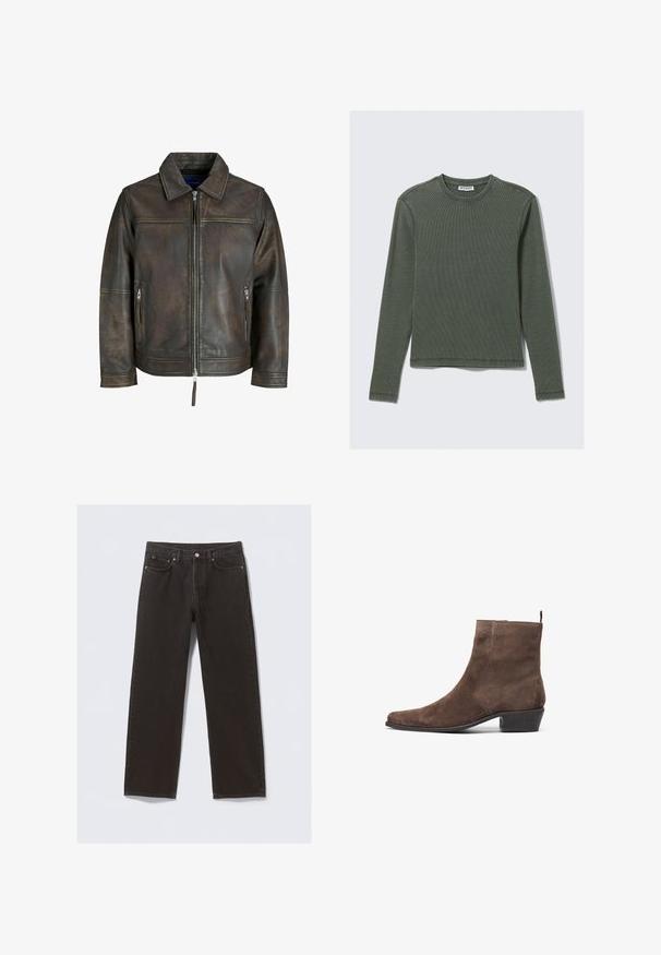 Giubbotto in pelle marrone con chiusura a zip frontale, colletto piatto e due tasche con zip. Presenta una texture leggermente invecchiata e una vestibilità su misura.; Maglione a maniche lunghe, a coste, di colore verde scuro, con scollatura a girocollo e orlo dritto. Realizzato in tessuto morbido, con cuciture minime e senza motivi visibili.; Jeans in denim nero con design a gamba dritta, cinque tasche e cuciture color rame. Tessuto liscio, chiusura a bottone classica in vita.; Stivale alla caviglia in suede marrone con punta affusolata, tacco basso a blocco e un anello sul retro per una facile vestibilità. Texture liscia e design semplice.