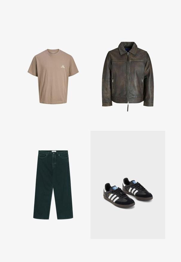 Brown leather jacket with a zip front, flat collar, and two zippered pockets. Features a slightly distressed texture and tailored fit.; Brown cotton t-shirt with short sleeves, a crew neckline, and a small white logo on the chest. Smooth texture and relaxed fit.; Dark green wide-leg denim jeans with button and zip closure, front pockets, and belt loops, laid flat on a white background.; Black sneakers with a suede and synthetic upper, featuring three white stripes, textured rubber sole, and blue logo tag on the tongue.