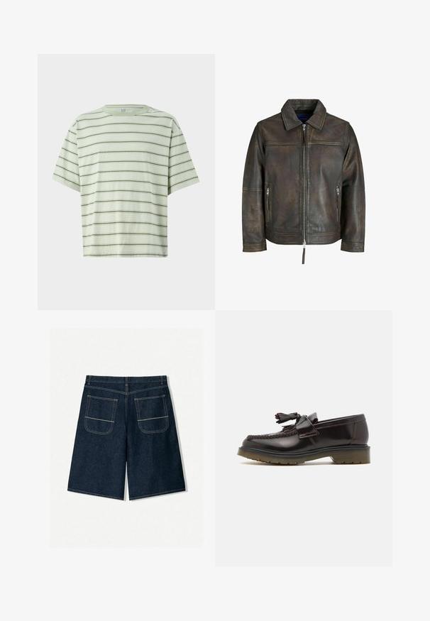 Brown leather jacket with a zip front, flat collar, and two zippered pockets. Features a slightly distressed texture and tailored fit.; Green striped t-shirt with short sleeves. Vertical and horizontal stripes alternate in a soft, textured fabric. Crew neck design.; Dark blue denim shorts with a loose fit, featuring two back pockets with contrasting stitching. Straight cut and knee-length design.; Brown leather loafers with a woven design, tassel detail, and a flat rubber sole. Features a smooth finish and contrasting stitching.