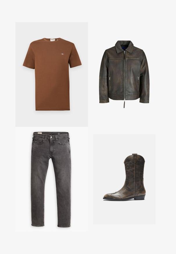 Bruine leren jas met een ritssluiting aan de voorkant, platte kraag en twee ritszakken. Kenmerkt zich door een licht verweerde textuur en een getailleerde pasvorm.; Bruin katoenen T-shirt met een ronde hals. Voorzien van een klein geborduurd logo op de borst. Korte mouwen en een normale pasvorm.; Grijze denim jeans met een rechte snit, een vijf-pocket ontwerp en een knoopsluiting. Voorzien van subtiele vervaging en tonale stiksels overal.; Bruine leren cowboylaars met een hoge schacht, spitse neus, ingewikkelde stikpatronen en een kleine hak. Gevarieerde afwerking overal.