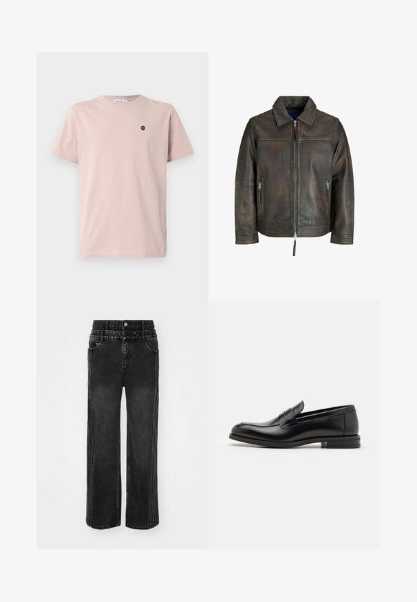 Brun læderjakke med lynlås foran, flad krave og to lynlås-lommer. Har en let slidte tekstur og skræddersyet pasform.; Lyserød kortærmet T-shirt lavet af blødt stof. Har et lille sort hexagonalt logo på venstre bryst. Lige snit design.; Bredde ben sorte denim jeans med en falmet finish, der har en knaplukning, fem lommer og kontrastsyninger langs siderne.; Sorte læderloafers med en glat overflade, rund tå og en dekorativ strop over vampen. Lav hæl med stabeldesign, minimalistisk stil.