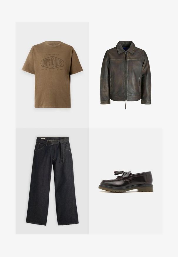 Pruun nahkjope, millel on lukuga esiosa, lame krae ja kaks lukuga taskut. Omab veidi kulunud tekstuuri ja kohandatud lõiget.; Pruun lühikeste varrukatega T-särk ümarate kaelustega, mille ees on prinditud pleekinud logo tekst "Premium Co. Dry On My Gods Jack & Jones Est. 90".; Tumed denimist laiad püksid vööga, esikülgedel on taskud ja kontrastne õmblus. Sile tekstuur ja puhas disain.; Pruunid nahast loafers, millel on kootud kujundus, tassis detail ja lame kummitald. Omab siledat viimistlust ja kontrastset õmblust.