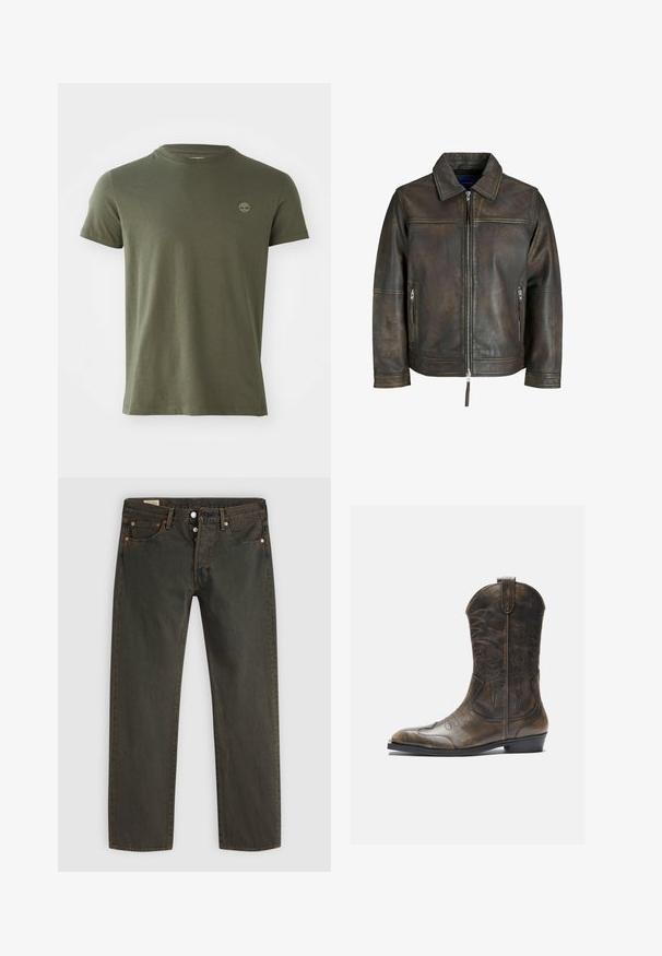 Hnedá kožená bunda so zipsom vpredu, plochým golierom a dvoma zipsovými vreckami. Má mierne opotrebovaný vzhľad a priliehavý strih.; Olive zelené bavlnené tričko s okrúhlym výstrihom, krátkymi rukávmi a malým vyšitým logom na hrudi. Hladká textúra, klasický strih.; Tmavo zelené džínsy vyrobené z denimu, s rovnou nohavicou, piatimi vreckami, meďou sfarbeným kovovým doplnkom a decentným umývacím vzorom.; Hnedá kožená kovbojská topánka s vysokým ťahom, špicatou špičkou, zložitými vyšívacími vzormi a malým opätkom. Textúrovaný povrch po celom obvode.