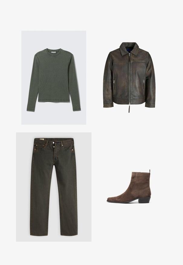 Brązowa skórzana kurtka z zamkiem na przodzie, płaskim kołnierzem i dwiema zamkniętymi kieszeniami. Wyróżnia się lekko postarzaną teksturą i dopasowanym krojem.; Długi rękaw, ribbed top w ciemnozielonym kolorze, z okrągłym dekoltem i prostym dołem. Wykonany z miękkiego materiału, z minimalną ilością szwów i bez widocznych wzorów.; Ciemnozielone dżinsy wykonane z denimu, o prostym kroju nogawki, pięciu kieszeniach, miedzianym wykończeniu oraz subtelnym wzorze prania.; Brązowy zamszowy botek sięgający kostki z wysmuklonym noskiem, niskim blokowym obcasem i pętelką z tyłu, ułatwiającą zakładanie. Gładka tekstura i prosty design.