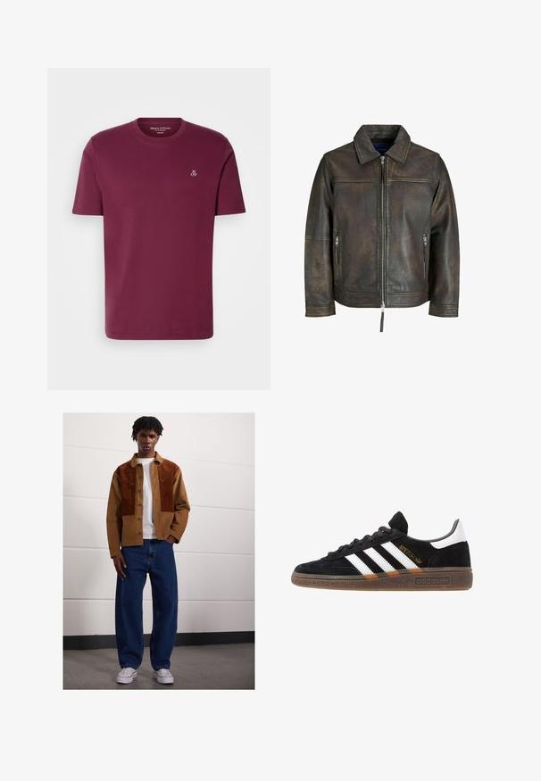 Smeđi kožni jakna s patentnim zatvaračem sprijeda, ravnim ovratnikom i dva džepa s patentnim zatvaračem. Ima blago istrošen izgled i kroj prilagođen tijelu.; Bordo pamučna majica s okruglim izrezom, kratkim rukavima i malim bijelim logotipom "M OP" na prsima. Glatka tekstura i regularni kroj.; Muškarac stoji unutra odjeven u smeđi široki šal s hrđavim mrljama, bijelu majicu, labave plave traperice i bijele tenisice.; Crni Adidas tenisice s bijelim prugama, zlatnim natpisom "Spezial", gumeni potplat i bijeli oznaka na peti, prikazane u bočnom pogledu.