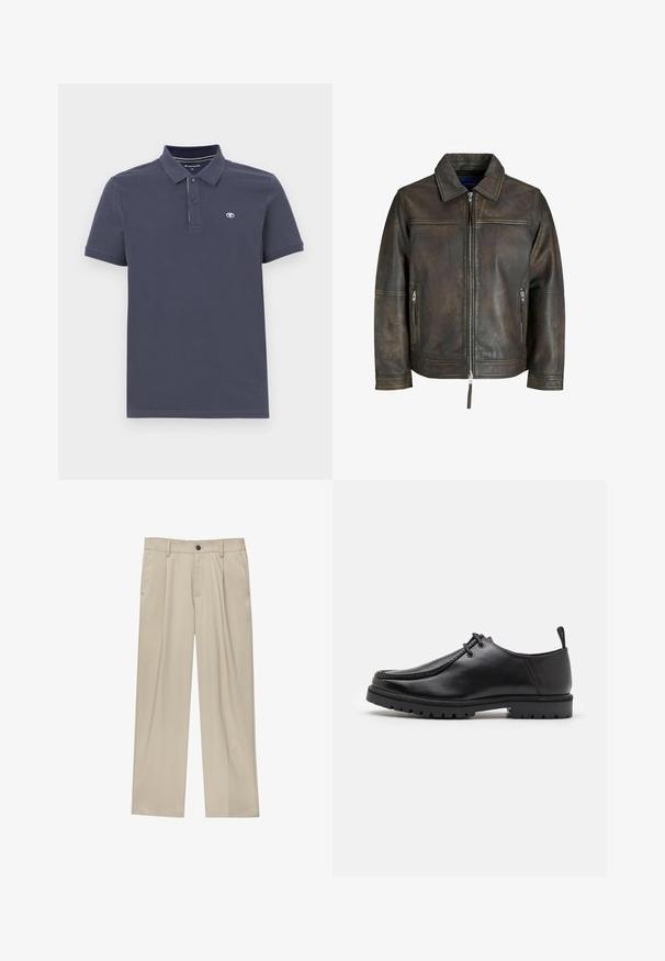 Bruine leren jas met een ritssluiting aan de voorkant, platte kraag en twee ritszakken. Kenmerkt zich door een licht verweerde textuur en een getailleerde pasvorm.; Marineblauwe poloshirt van een katoenmix met een knoopsluiting met twee knopen, korte mouwen en een klein geborduurd logo op de linkerborst.; Beige broek met een rechte snit, voorzien van een enkele zwarte knoop, riemlussen en zijzakken. Glad stoffen textuur en een minimalistisch ontwerp.; Zwarte leren veterschoen met een robuuste zool en een aantreklip aan de achterkant, van opzij getoond op een witte achtergrond.