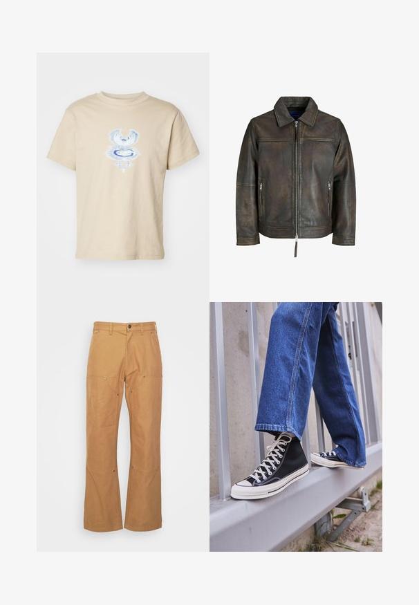 Ruskea nahkatakki, jossa on vetoketjukiinnitys, tasainen kaulus ja kaksi vetoketjullista taskua. Takkissa on hieman kulunut pinta ja istuva malli.; Weekday BOXY GRAPHIC TEE - Printtipaita - beige; Vaaleat cargo-housut, jotka on valmistettu kestävästä kankaasta, sisältävät sivutaskut, metalliset yksityiskohdat, suoran lahkeen leikkauksen ja normaalikorkean vyötärön.; Mustat high-top tennarit valkoisella pohjalla ja nauhoilla, yhdistettynä väljään sinisiin farkkuihin, lepäävät harmaalla kaiteella.