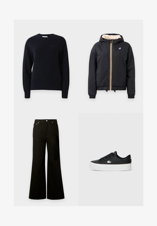 Svart hettegenser med glidelås foran, myk innside, elastiske mansjetter, snorheim og kontrasterende fargede glidelåsdetaljer.; Svart langermet genser med rund hals og ribbede mansjetter og kant, med en subtil brodert logo på venstre bryst.; Svarte jeans med høyt liv og vide ben, foran med knapper og glidelås, beltehemper og fem lommer, inkludert en liten myntlomme.; Sorte lavtopp sneakers laget av syntetisk materiale, med hvit gummisåle, svarte snørebånd og en liten hvit logo på siden.