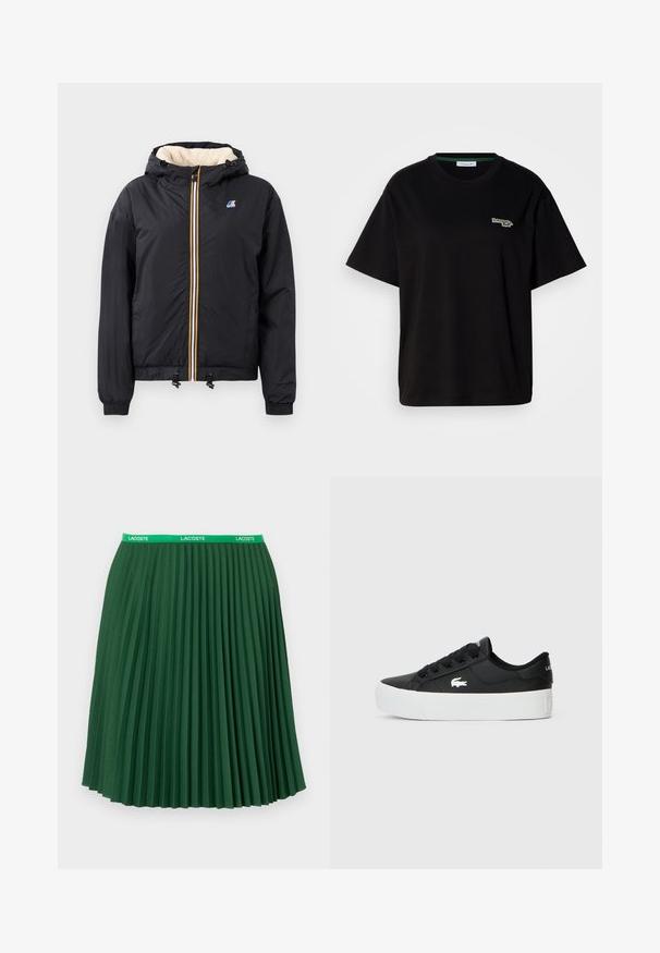Jachetă neagră cu glugă, cu fermoar în față, interior pufos, manșete elastice, tiv cu șnur și detalii de fermoar în culori contrastante.; Tricou negru din bumbac cu mâneci scurte, având un mic accent de logo verde pe partea stângă a pieptului. Gât clasic de tip crew, croială lejeră.; Fustă plisată verde dintr-un material cu textură fină; are un brâu cu logo Lacoste verde și se termină la jumătatea gambei.; Sneakeruri negre cu talpă joasă, fabricate din material sintetic, având o talpă din cauciuc alb, șireturi negre și un mic logo alb pe lateral.