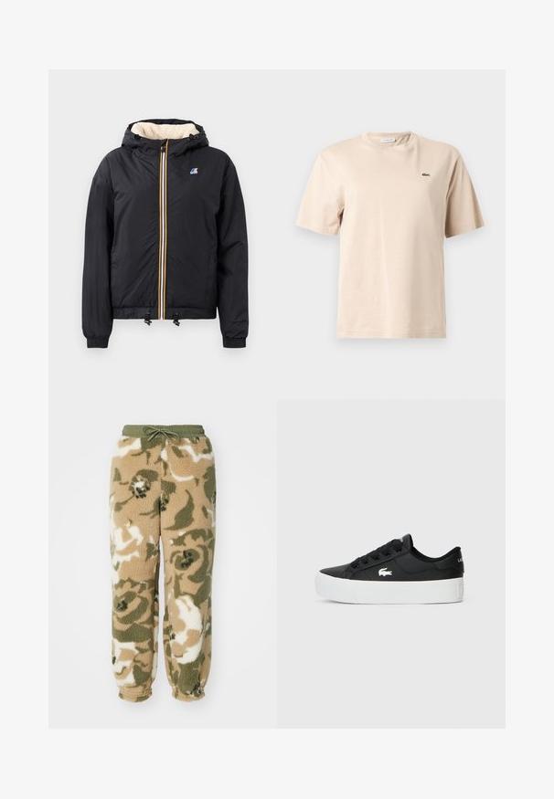 Fekete kapucnis dzseki, elől cipzárral, pihe-puha béléssel, rugalmas mandzsettákkal, húzózsinórral ellátott aljjal és kontraszt színű cipzár részletekkel.; Bézs színű pamut póló kerek nyakkivágással, rövid ujjakkal, és egy kis zöld hímzett krokodil logóval a bal mellrészen.; Bélelt jogger nadrág húzózsinórral. Bézs, zöld és fehér terepmintával készült. Puha, textúrált anyag.; Fekete alacsony szárú sneaker szintetikus anyagból, fehér gumitalppal, fekete fűzőkkel és egy kis fehér logóval az oldalán.