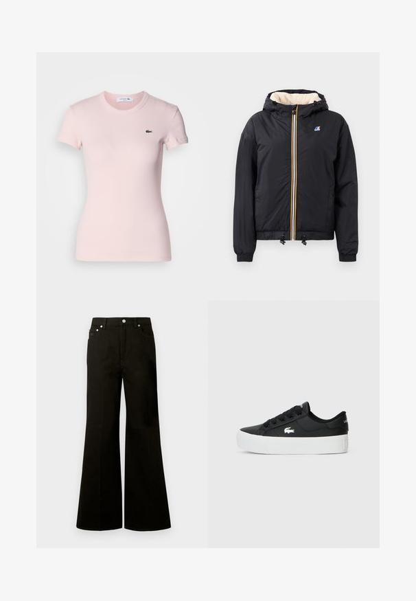 Melna kapuce jaka ar rāvējslēdzēju priekšpusē, mīksta iekšpuse, elastīgas piedurknes, stringa apakšdaļa un kontrastējošas krāsas rāvējslēdzēju detaļas.; Gaiši rozā ribota īsām piedurknēm T-krekls ar apaļo kakla izgriezumu un mazu zaļu Lacoste logo uz kreisā krūts. Gluda tekstūra.; Melnas džinsa bikses ar augstu vidukli un plašām kājām, priekšpusē ar pogu un rāvējslēdzēju, jostas cilpām un piecām kabatām, t.sk. nelielu monētu kabatiņu.; Melnas zemas sporta kurpes, kas izgatavotas no sintētiska materiāla, ar baltu gumijas zoli, melnu auklu un mazu balto logotipu sānu daļā.