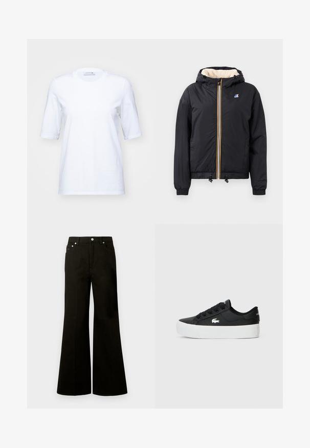 Black hooded jacket with a zip front, plush interior, elastic cuffs, drawstring hem, and contrasting colored zipper details.; White cotton T-shirt with short sleeves, round neckline, and a subtle embroidered logo on the chest. Smooth texture, classic fit.; Black high-waist wide-leg jeans with front button and zipper, belt loops, and five pockets including a small coin pocket.; Black low-top sneaker made of synthetic material, featuring a white rubber sole, black laces, and a small white logo on the side.