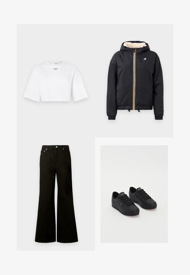 Black hooded jacket with a zip front, plush interior, elastic cuffs, drawstring hem, and contrasting colored zipper details.; White cropped t-shirt made of cotton with wide short sleeves. Features a small black "JOOP! Jeans" logo printed on the front.; Black high-waist wide-leg jeans with front button and zipper, belt loops, and five pockets including a small coin pocket.; Black low-top sneakers made of smooth material, featuring thick laces, a textured sole, and a small logo on the side and tongue.