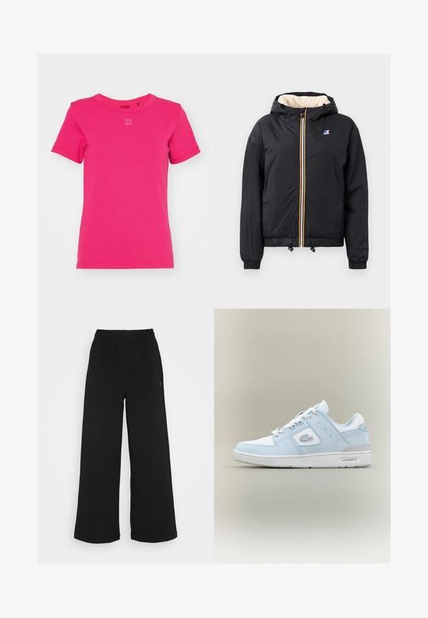 Mustaline kapuutsiga jakks, mis on varustatud tõmbluku esiosa, pehme sisemuse, elastsete mansettide, joontega äärise ning kontrastsete värvitud tõmblukudetailidega.; HUGO DELORIS - Lihtne T-särk - bright pink; Mustad laiad püksid elastse vöökohtaga. Valmistatud pehmest ja kergest materjalist. Ees on vertikaalsed õmblused.; Heledad sinine nahkking, millel on valged detailid, ümar varvas, tekstuuriga paneel külgedel ja hall kand. Omab klassikalist paeltega sulgemise disaini.