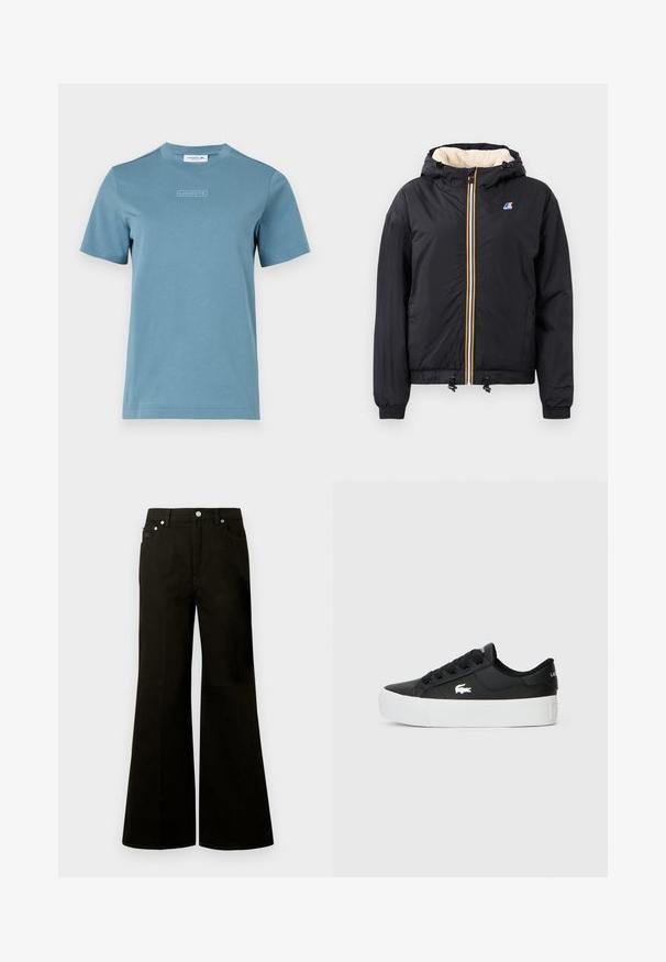 Svart huvjacka med dragkedja fram, plyschinredning, elastiska muddar, dragsko vid nederkant och kontrasterande dragkedjedetaljer.; Bomullströja med rund hals i ljusblått, med en texturerad "LACOSTE"-logotyp framtill. Korte ärmar och en standardpassform.; Svarta högmidjade vida jeans med knappar och dragkedja framtill, bälteshällor och fem fickor, inklusive en liten myntficka.; Svart lågtopp sneaker gjord av syntetiskt material, med en vit gummisula, svarta snörningar och en liten vit logotyp på sidan.