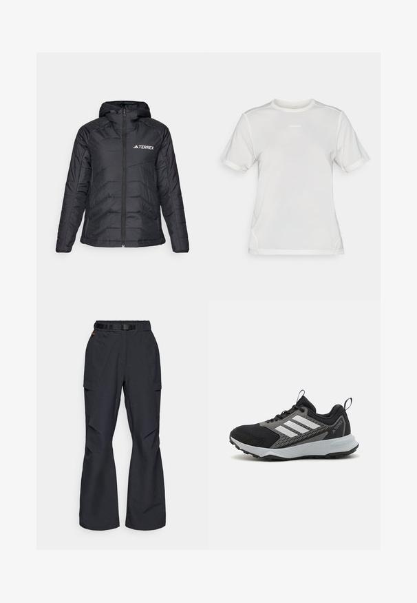 adidas Terrex Välikausitakki - black; Valkoinen lyhythihainen urheilumesh-paita, jossa on pyöreä kaula-aukko ja pieni "Salomon" logo keskellä rintaa.; Musta cargo-housut litteällä vyötäröllä ja säädettävällä vyöllä, joissa on sivutaskut ja löysä istuvuus kapeilla lahkeilla. Rakennekangas.; Musta urheilukenkä harmailla aksentteilla, jossa on tekstuuroitu verkkopinta, kolme valkoista raitaa ja kumipohja kestävyyttä varten.