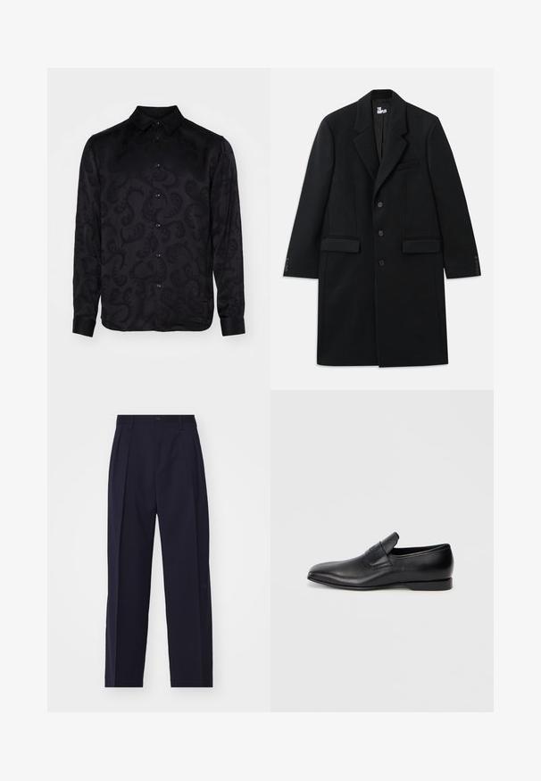 Musta villasekoite takki, jossa on kauluskansio, sivutaskut, kolme nappia ja napilla suljettavat hihat. Sujuva rakenne ja räätälöity muotoilu.; Musta pitkähihainen paita, jossa on hienovarainen teksturoidun paisley-kuvio, sisältäen teräväkärkisen kaulan ja nappilistan. Silkkinen kangas.; Navy sininen, muotonsa mukainen housut suoran lahkeen designilla, etupuolella laskokset, nappikiinnitys ja ilman näkyviä taskuja. Sileä kangas.; Musta nahkainen liukukengä, jossa on terävä kärki, sileä pinta ja huomaamaton brändäys sivussa. Matala korko ja siisti, minimalistinen muotoilu.