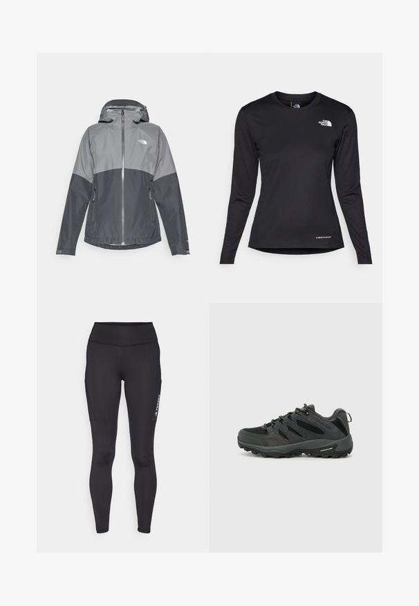 Chaqueta impermeable gris con capucha, presenta un diseño bicolores, cierre delantero con cremallera y dos bolsillos laterales, fabricada en un material liso y ligero.; The North Face SHADOW LONG SLEEVE - Camiseta de manga larga - black; Leggings negros de material elástico con cintura alta, bolsillos laterales y logotipo en blanco en la pierna izquierda.; Columbia REDMOND - Zapatillas de senderismo - black/citron haze
