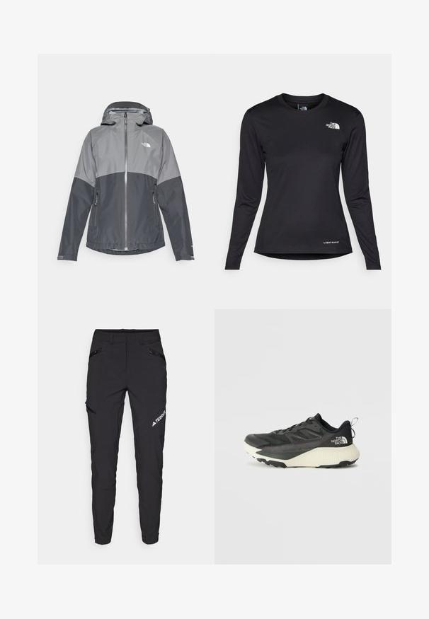 Casaco cinza impermeável com capuz, apresenta um design em duas tonalidades, fecho éclair na frente e dois bolsos laterais, feito de material liso e leve.; The North Face SHADOW LONG SLEEVE - Camisola de manga comprida - black; As calças pretas de exterior apresentam um corte justo, bolsos com zíper, joelhos reforçados e um logótipo no lado esquerdo. São feitas de um tecido leve e durável.; Shoe atlético preto com um cabedal texturizado, apresentando detalhes em cinza e uma entressola branca. Inclui uma alça e um logótipo da marca em destaque no calcanhar.