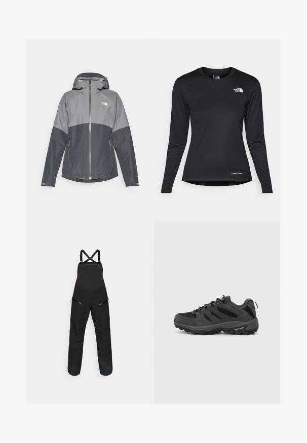 Pelēks ūdensnecaurlaidīgs mētelis ar kapuci, ar divu toņu dizainu, ar rāvējslēdzēju priekšā un divām sānu kabatām, izgatavots no gludas, vieglas vielas.; The North Face SHADOW LONG SLEEVE - Tops ar garām piedurknēm - black; Melni ūdensizturīgi sniega kombinezoni ar regulējamām siksnām, priekšējiem rāvējslēdzējspokiem un pastiprinātiem biksēm. Izgatavoti no izturīgas auduma, kas paredzēts ārā lietošanai.; Columbia REDMOND - Pārgājienu apavi - black/citron haze
