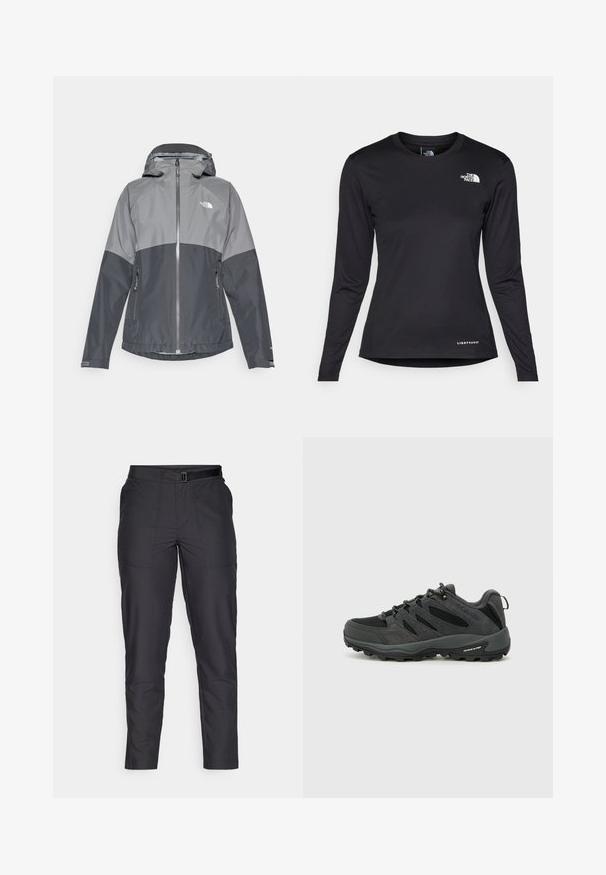 Siva vodootporna jakna s kapuljačom, s dvobojnim dizajnom, patentnim zatvaračem sprijeda i dva bočna džepa, izrađena od glatkog, laganog materijala.; The North Face SHADOW LONG SLEEVE - Top dugih rukava - black; Crne uske hlače od glatke tkanine, s pojasom, ravnim nogavicama i dva prednja džepa s diskretnim šavovima.; Columbia REDMOND - Obuća za pješačenje - black/citron haze