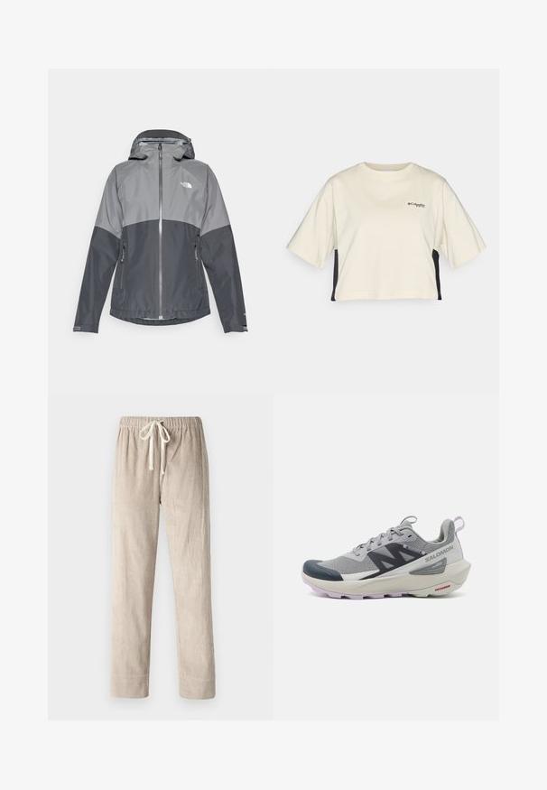 Szürke vízálló dzseki kapucnival, két szín kombinációjával, cipzáras elülső résszel és két oldalzsebbel rendelkezik, sima, könnyű anyagból készült.; Krém színű, rövid fazonú póló, kerek nyakkal és rövid ujjakkal, fekete oldalsávokkal; kis fekete logóval a mellen.; Beige kordbársony nadrág, egyenes szárú dizájnnal, rugalmas derékkal és állítható zsinórral, sima textúrával és függőleges bordázással.; A Salomon futócipő szürke és tengeri kék színben, légáteresztő hálós felsőrész, gumírozott orr, valamint texturált talp levendula kiegészítőkkel.