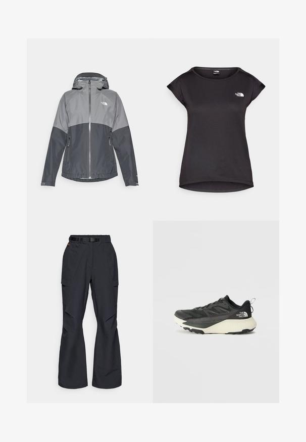 Pelēks ūdensnecaurlaidīgs mētelis ar kapuci, ar divu toņu dizainu, ar rāvējslēdzēju priekšā un divām sānu kabatām, izgatavots no gludas, vieglas vielas.; The North Face TANKEN TANK - Sporta krekli - black; Melnas kravas bikses ar plakanu jostasvietu un regulējamu jostu, ar sānu kabatām un brīvu piegriezumu ar šaurām kājām. Ar teksturētu audumu.; Melna sporta kurpe ar teksturētu augšdaļu, kurai ir pelēki akcenti un balts vidusdaļa. Ietver vilkšanas cilpu un izteiktu zīmola logo uz papēža.