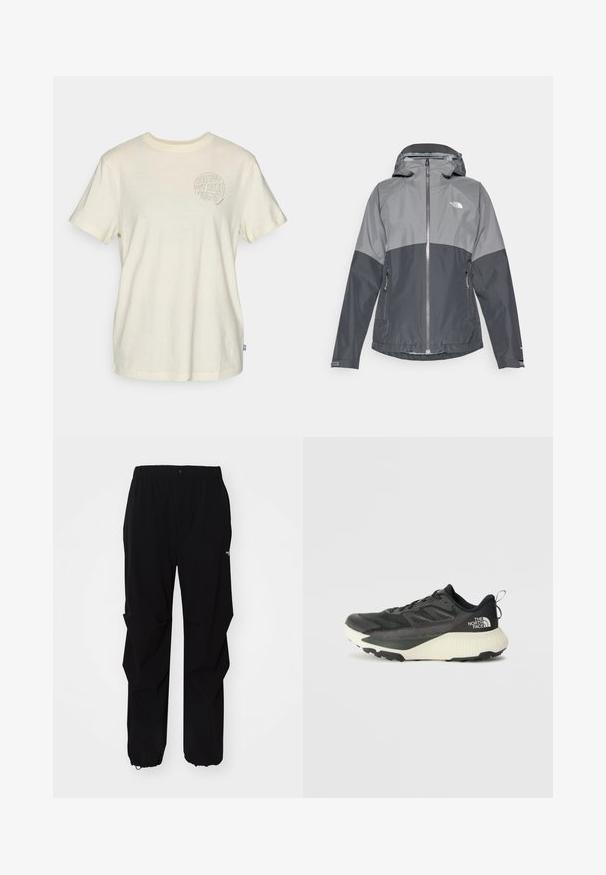 Szara wodoodporna kurtka z kapturem, cechująca się dwukolorowym wzorem, zamkiem błyskawicznym z przodu oraz dwiema bocznymi kieszeniami, wykonana z gładkiego, lekkiego materiału.; Koszulka T-shirt z krótkim rękawem w jasnym beżowym kolorze, z okrągłym graficznym nadrukiem z tekstem "SEE YOU OUT HERE" oraz elementami natury na klatce piersiowej.; Czarne spodnie na świeżym powietrzu wykonane z wytrzymałego materiału, z luźnym krojem, elastycznym pasem i ściągaczami przy mankietach, umożliwiającymi regulację długości.; Czarne sportowe buty z teksturowaną cholewką, z szarymi akcentami i białą podeszwą środkową. Zawierają pętelkę do zakładania oraz wyraźne logo marki na pięcie.
