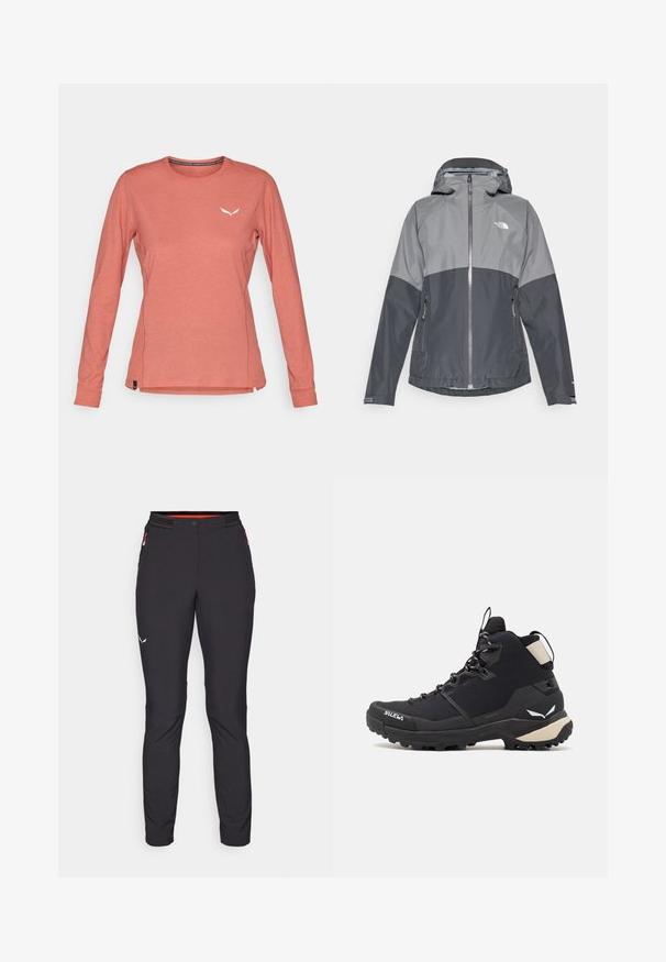 Grå vandtæt jakke med hætte, har et tofarvet design, lynlås foran og to sidelommer, lavet af glat, letvægtsmateriale.; Langærmet bluse i lys koralfarve lavet af blødt stof, med en rund halsudskæring og et lille hvidt logo på brystet. Sideslids ved sømmen.; Salewa PEDROC PANT - Outdoorbukser - black out; Salewa PUEZ MID PTX - Hikingsko - black