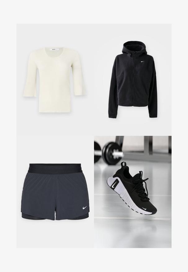 Veste en polaire noire avec capuche, fermeture éclair à l'avant et logo Nike brodé en blanc sur le côté gauche de la poitrine. Présente une silhouette cropped.; Haut à manches longues en crème clair à côtes avec un col rond et des manches évasées. Fabriqué à partir d'un tissu texturé, finition douce, design minimal.; Shorts de sport noirs avec une taille élastique, dotés d'un design superposé et d'un petit logo Nike blanc en bas à gauche. Matière légère.; Chaussure de sport noire avec une tige en tissu texturé, une semelle blanche et un système de laçage prononcé. Présente un logo Nike et un design doux et rembourré.