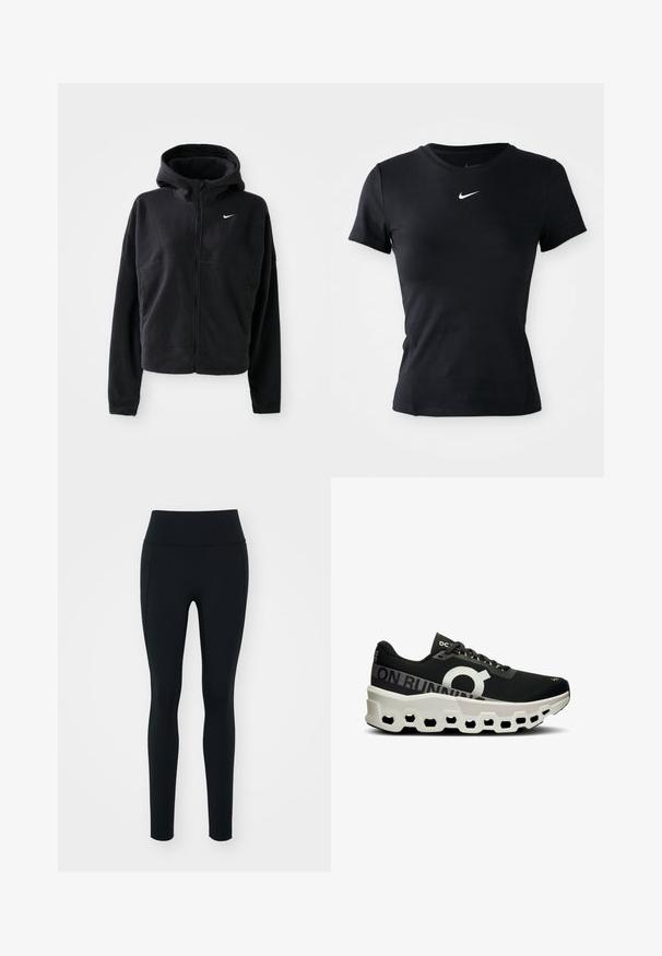 Zwarte fleece jas met capuchon, ritssluiting aan de voorkant en geborduurd wit Nike-logo op de linkerborst. Heeft een cropped silhouet.; Zwart sportief t-shirt met korte mouwen en een ronde hals, met een klein wit Nike swoosh-logo dat gecentreerd op de borst staat.; Zwarte leggings van rekbaar materiaal met een hoge tailleband. Soepele textuur, slim fit ontwerp en geen zichtbare versieringen of patronen.; Zwarte hardloopschoen met een gestructureerde mesh bovenkant, opvallend wit logo en een unieke wit- en zwartgekleurde gevormde zool met hexagonale uitsparingen.