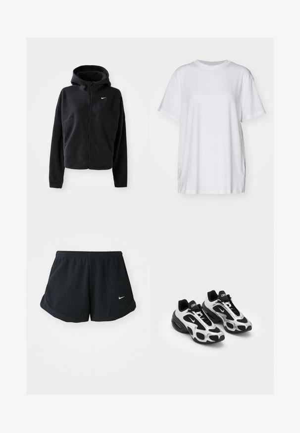 Melna vilnas jaka ar kapuci, ar rāvējslēdzēju priekšā un izšūtu baltu Nike logo kreisajā krūtī. Iezīmējas ar saīsinātu siluetu.; Balts oversize T-krekls izgatavots no kokvilnas, ar apaļu kakla izgriezumu, īsām piedurknēm un sānu šķelumiem, lai nodrošinātu brīvu piegriezumu. Gluda tekstūra.; Melnas sporta bikses ar ribotu tekstūru, elastīgu jostu, izliektiem apakšējiem malām un mazu baltu Nike logo zemējā pusē.; Melnas un sudraba krāsas sporta kurpes ar sietiņu un sintētisku virsu, izceļoties ar izteiktu viļņotu dizainu un mīkstinātu apkaklīti, kā arī gaisa amortizāciju zole.