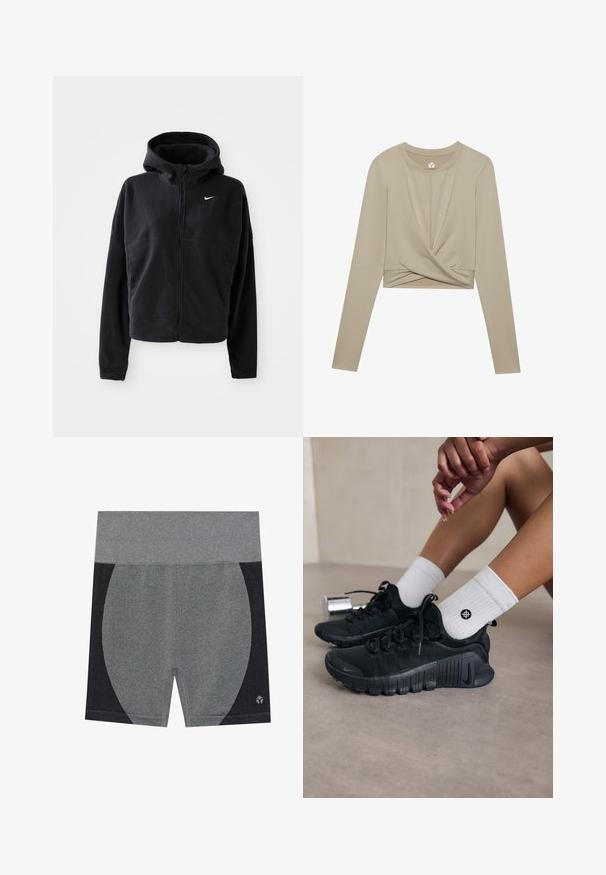 Black fleece jacket with a hood, zip front, and embroidered white Nike logo on the left chest. Features a cropped silhouette.; Light beige long-sleeve crop top with a twisted front design, made of smooth fabric. Features a round neckline and fitted sleeves.; Gray athletic shorts with a wide elastic waistband. Features a textured black side panel and a logo on the bottom right. Smooth material.; Black athletic shoes with textured fabric, laced design, and a prominent sole, paired with white ribbed socks featuring a small logo.