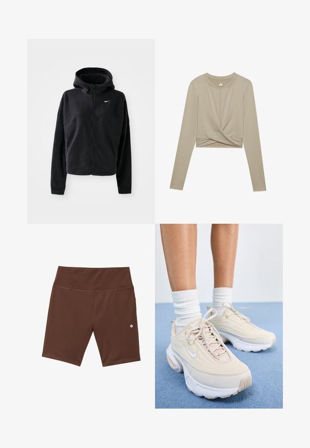 Črna fleec jakna s kapuco, zadrgo spredaj in izvezenim belim logotipom Nike na levem prsnem področju. Ima skrajšano silhueto.; Svetlo bež dolg rokav, kratek top z zasukano sprednjo zasnovo, izdelan iz gladkega materiala. Ima okroglo ovratnico in prilegajoče rokave.; Rjave atletske hlače s visokim pasom, ravnimi šivi in majhnim belim logotipom na spodnjem levem delu. Narejene so iz raztegljivega, vlago odvajajočega materiala.; Bež športni čevlji z teksturirano zgornjico, belimi vezalkami in debelim belim podplatom. Oblika vsebuje subtilne krivine in majhen logo.
