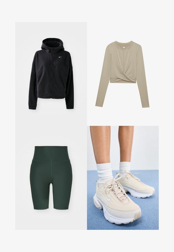 Jachetă din fleece neagră cu glugă, fermoar în față și logo-ul Nike brodat în alb pe pieptul stâng. Prezintă o siluetă scurtă.; Crop top lung cu mânecă lungă, de culoare bej deschis, cu un design frontal răsucit, realizat dintr-o țesătură netedă. Dispune de un decolteu rotund și mâneci ajustate.; Șorturi de bicicletă cu talie înaltă, de culoare verde închis, realizate dintr-un material elastic. Prezintă o textură fină, cusături plate și un design ajustat.; Pantofi sport bej cu un superior texturat, sireturi albe și o talpă groasă albă. Designul înfățișează curbe subtile și un logo mic.