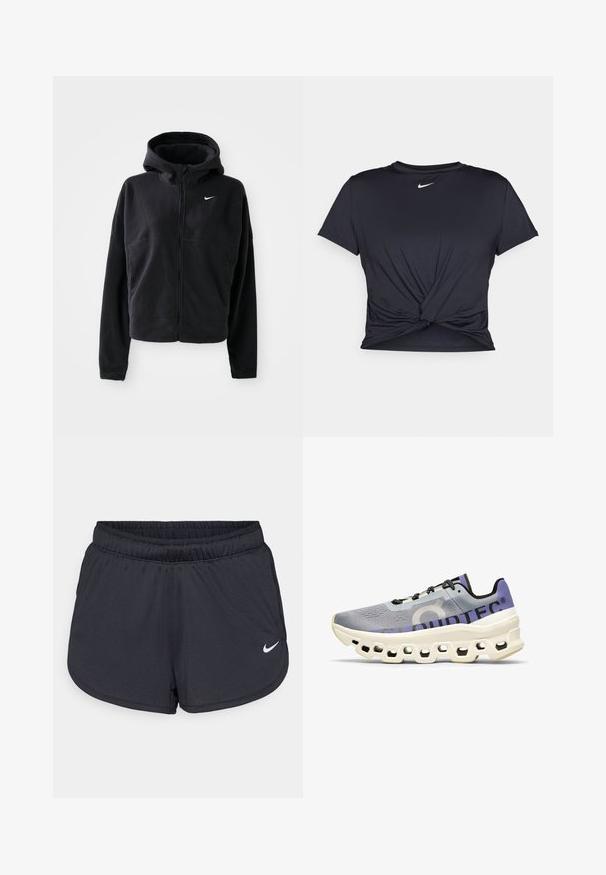Giacca in pile nera con cappuccio, apertura con zip e logo Nike ricamato in bianco sul lato sinistro del petto. Presenta una silhouette cropped.; Maglietta atletica nera realizzata in tessuto liscio, con un design anteriore annodato e un piccolo logo Nike bianco sul petto.; Pantaloncini sportivi neri realizzati in tessuto leggero e traspirante. Caratterizzati da una vita elastica e dal logo Nike bianco sul lato inferiore destro.; On CLOUDMONSTER - Scarpe da corsa su strada - mist blueberry