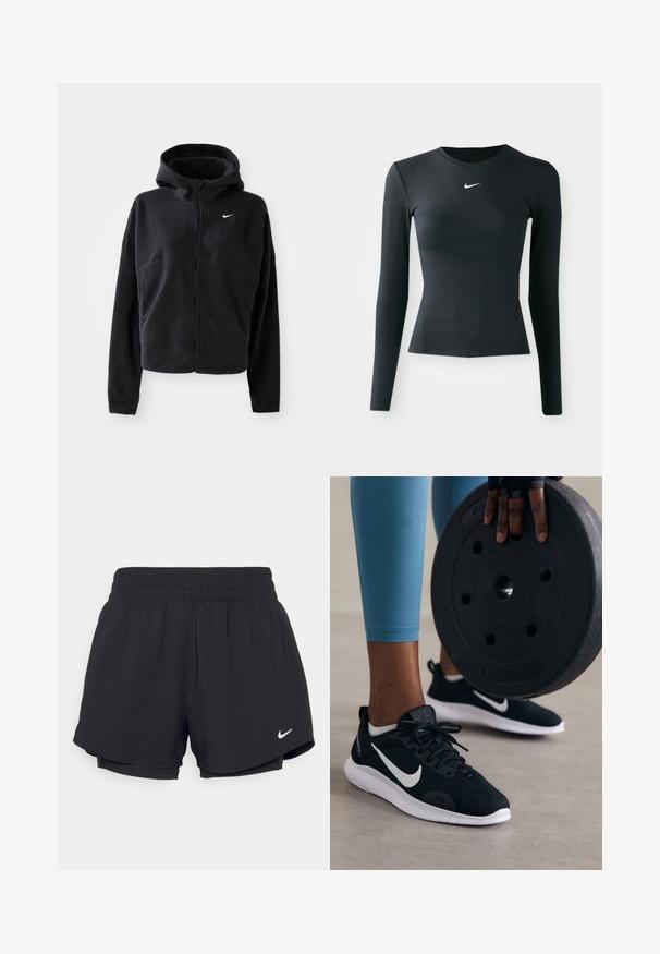 Giacca in pile nera con cappuccio, apertura con zip e logo Nike ricamato in bianco sul lato sinistro del petto. Presenta una silhouette cropped.; Maglietta nera a maniche lunghe, aderente, realizzata in tessuto liscio e elasticizzato. Presenta un colletto a girocollo e un piccolo logo Nike bianco sul petto.; Shorts sportivi neri con un elastico arricciato in vita, fodera interna e logo Nike bianco sul lato sinistro in basso. Tessuto liscio e leggero.; Scarpe da ginnastica nere con tomaia in rete, accenti bianchi e suola spessa bianca. Un peso nero è tenuto in primo piano.