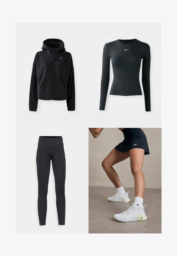Črna fleec jakna s kapuco, zadrgo spredaj in izvezenim belim logotipom Nike na levem prsnem področju. Ima skrajšano silhueto.; Črn dolg rokav prilegajoč top iz gladkega, raztegljivega materiala. Ima okroglofne izrez in majhen bel Nike logotip na prsih.; Črne legice iz raztegljive tkanine, z visokim pasom, brezšivnim dizajnom in zoženimi nogami, primerne za različne aktivnosti.; Bele športne copate z Reliefno površino, neon zelenimi detajli in izstopajočim Nike logotipom. Obuti z belimi gležnjaškimi nogavicami.