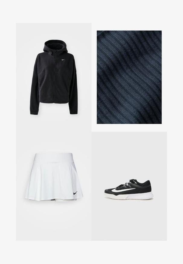 Chaqueta de forro polar negra con capucha, cierre de cremallera en la parte frontal y logo de Nike bordado en blanco en el pecho izquierdo. Presenta una silueta corta.; Tejido azul oscuro con textura de rayas verticales, sensación suave y apariencia ligeramente difusa. Las rayas están espaciadas de manera uniforme y son sutiles.; Falda deportiva blanca con diseño acampanado, cinturilla elástica y pantalones cortos integrados. Presenta un pequeño logo negro de Nike en la parte inferior derecha.; Zapatilla deportiva negra con acentos blancos, que presenta una parte superior texturizada, punta redonda, cordones planos y una gruesa suela de goma blanca.